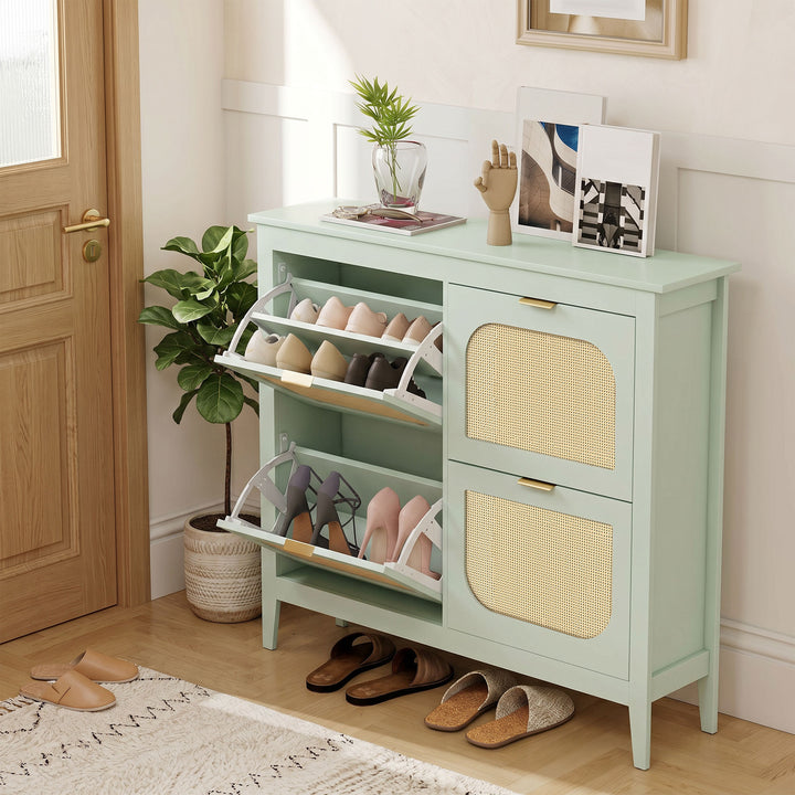 Narrow Shoe Cabinet, Boho Slim Shoe Storage Cabinet with 4 Flip Drawer