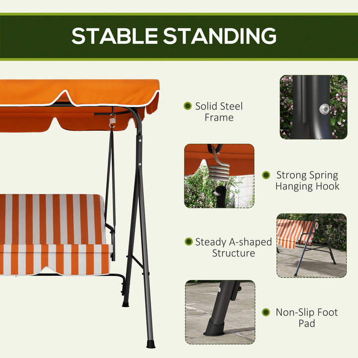 3 Seater Garden Swing Chair, Outdoor Swing Chair with Adjustable Canopy, Mental Frame & Cushions, Orange