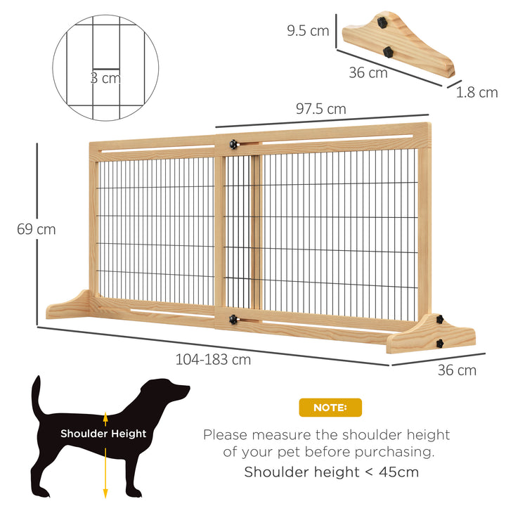 Freestanding Dog Gate, Foldable Pet Fence, Indoor Wood Barrier, Stair Gate with Support Feet, for Doorway, Hallway, Small and Medium Dogs, 69H x 104-183 cm, Natural Wood Finish