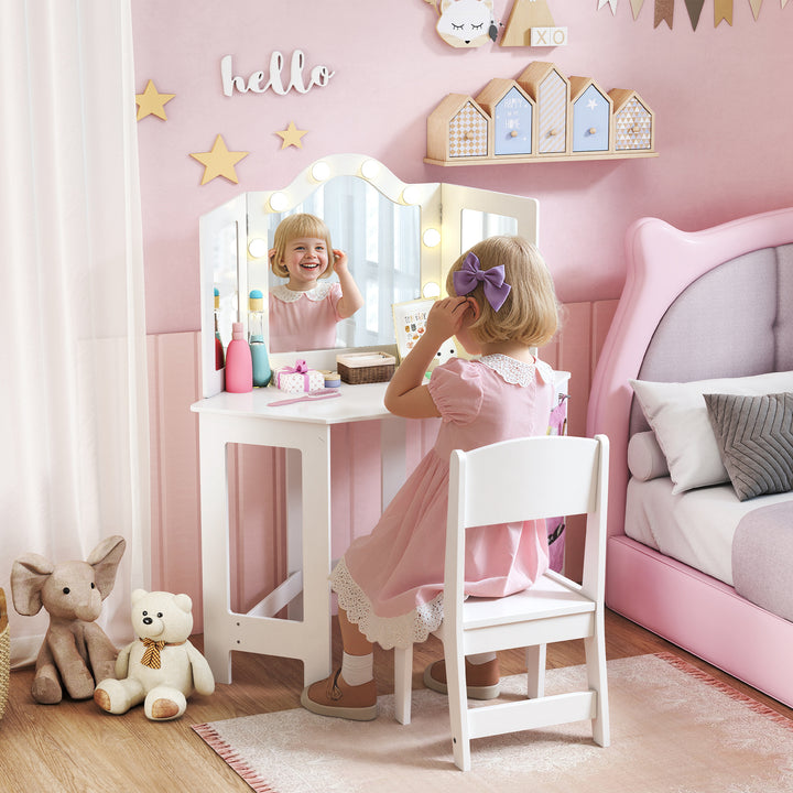 MCL Kids Dressing Table and Stool Set, Girls Vanity Table with 2-Colour LED Lights, Tri-Folding Mirror, White