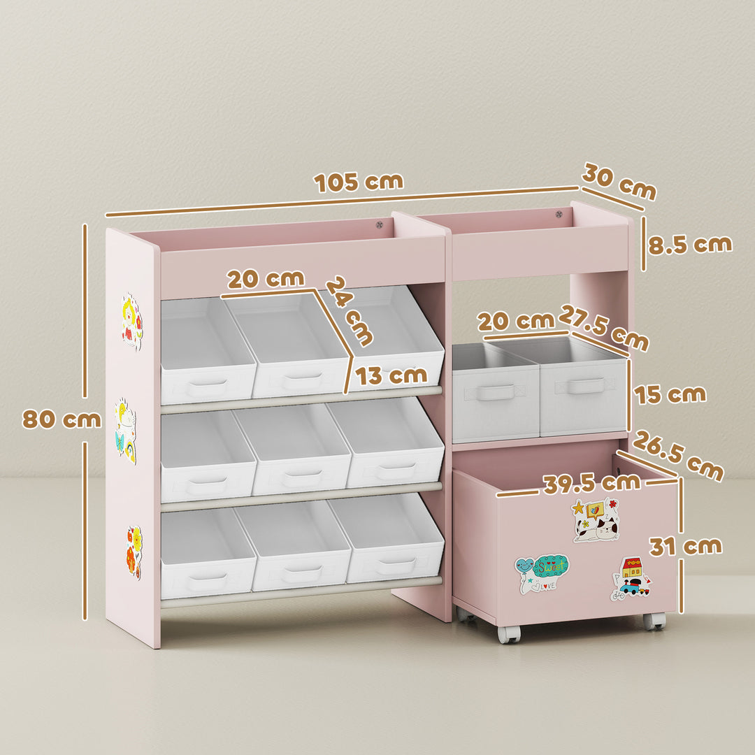 MCL Kids Toy Storage Unit with 11 Bins, Cabinet, Top Shelves, 3 Stickers, for Nursery, Playroom, Pink