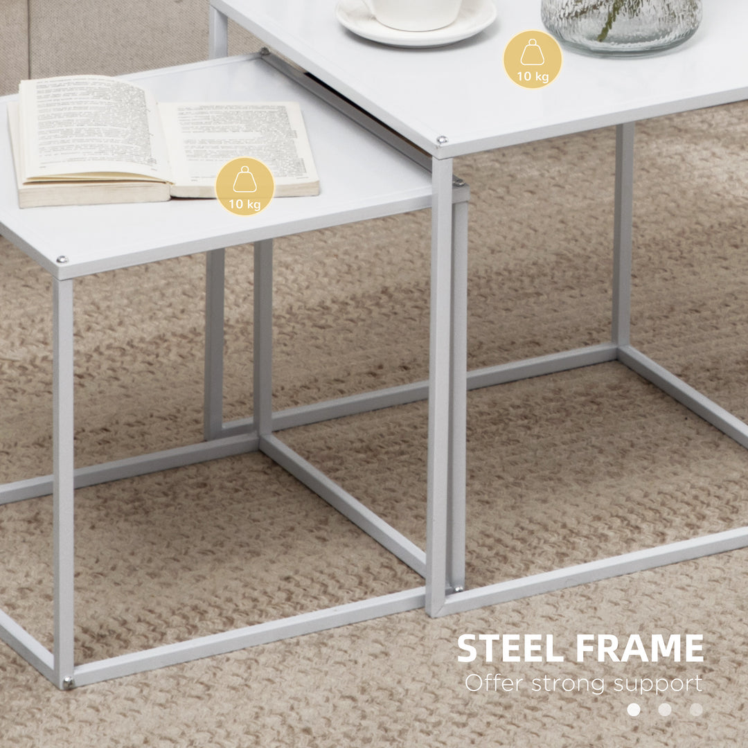 Square Nesting Coffee Table Set of 2, Modern Nest of Tables, Sofa Side Tables with Steel Frame for Living Room, Bedroom, Small Space, White