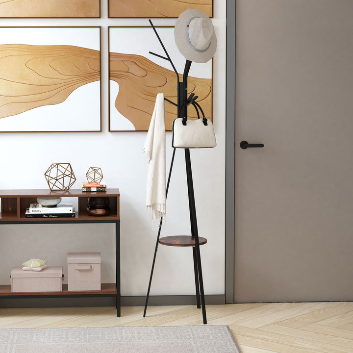 MCL Freestanding Metal Coat Rack Stand 9 Hooks Clothes Tree with 1 Shelf Hat Display Hall Tree Hanger Bag Umbrella Hanging Organiser Brown