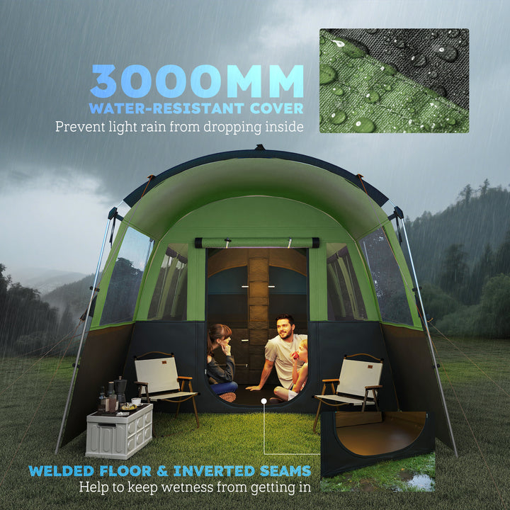8-Person Camping Tent, Waterproof Family Tent, Tunnel Design, 4 Large Windows, Sleeping Cabins 3000mm Water Column Green