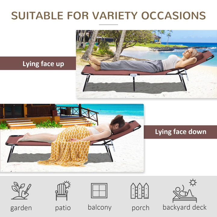 Outdoor Folding Sun Lounger with Face Hole, 4 Level Adjustable Backrest Reclining Garden Lounger, Garden Recliner Sunbed with 600 D Oxford Cloth Seat and Pillow for Beach, Brown