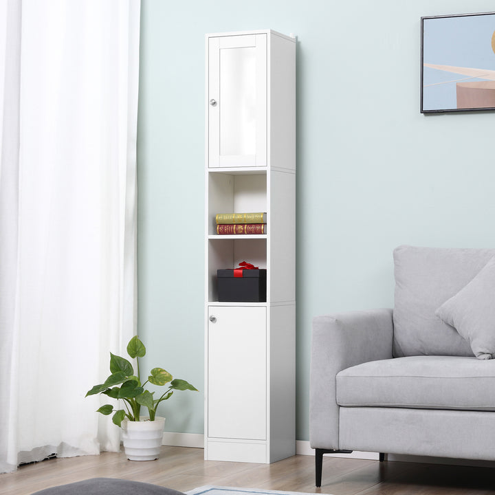 MCL Tall Bathroom Storage Cabinet with Mirror, Freestanding Floor Cabinet Tallboy Unit with Adjustable Shelves, White