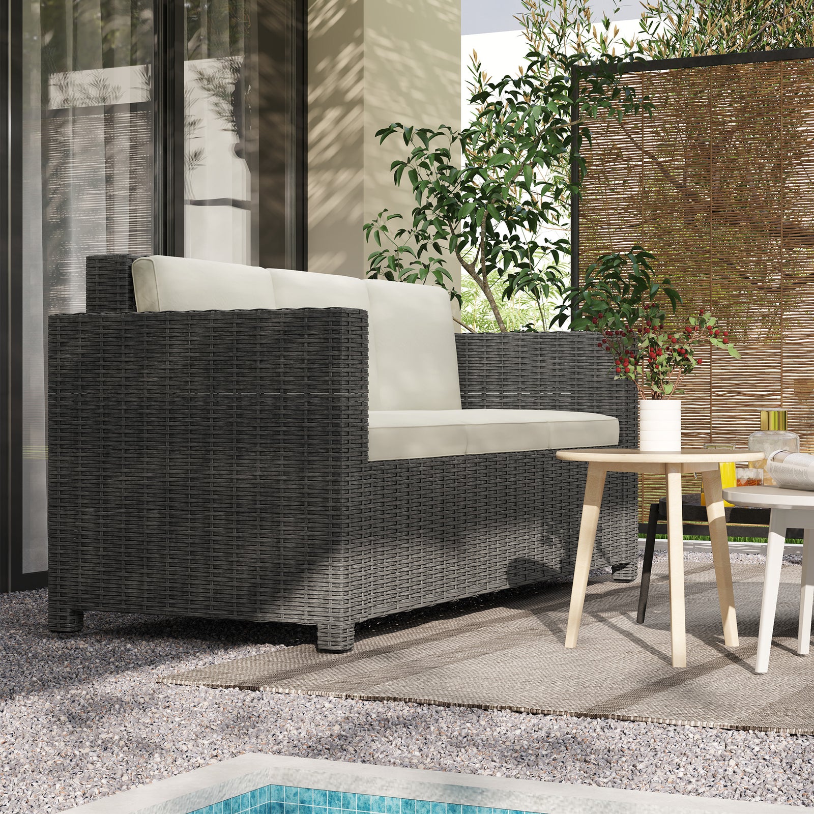 3 Seater Rattan Sofa All-Weather Wicker Weave Metal Frame Chair with Fire Resistant Cushio-Cream