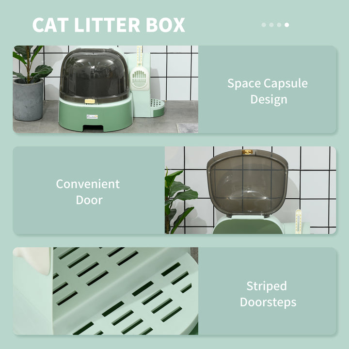2 in 1 Cat Litter Box, with Drawer Pans, Scoop, Openable Cover - Green