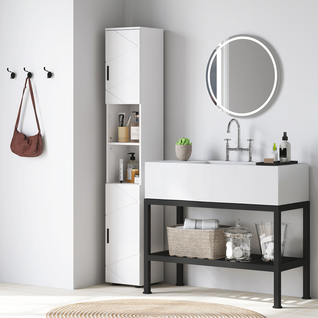 Line Embossed Tall Bathroom Storage Cabinet - White