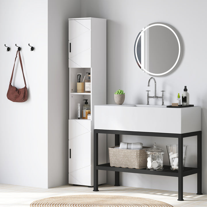 Line Embossed Tall Bathroom Storage Cabinet - White
