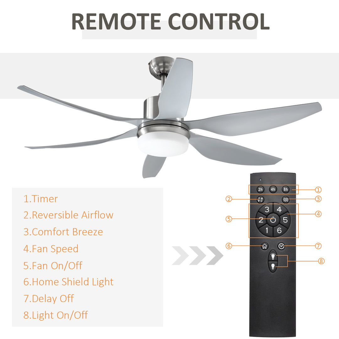 HOMCOM Reversible Ceiling Fan with Light, 6 Blades Indoor Modern Mount LED Lighting Fan with Remote Controller, for Bedroom, Silver | Aosom UK