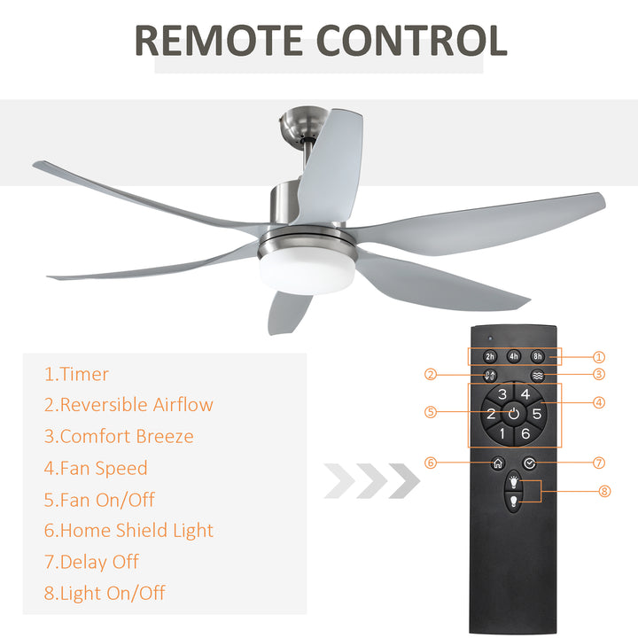 HOMCOM Reversible Ceiling Fan with Light, 6 Blades Indoor Modern Mount LED Lighting Fan with Remote Controller, for Bedroom, Living Room, Silver