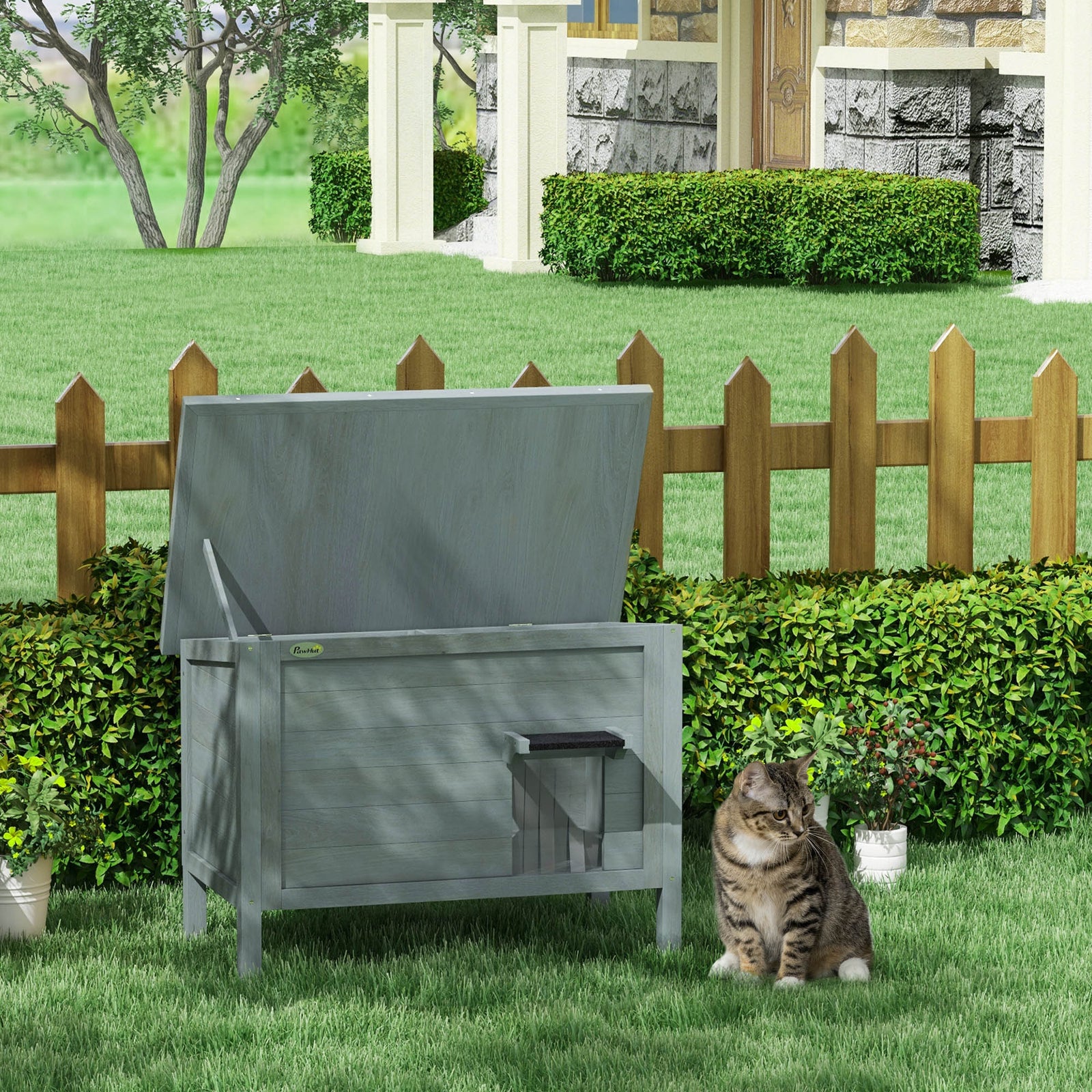Feral Cat House, Wooden Insulated with Removable Floor, Water-Resistant Openable Roof - Charcoal Grey