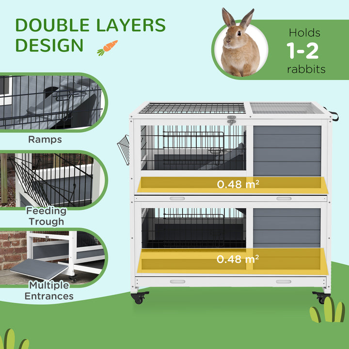 PawHut Double Deckers Guinea Pig Cage Rabbit Hutch Indoor with Feeding Trough, Trays, Ramps, Openable Top - Grey | Aosom UK