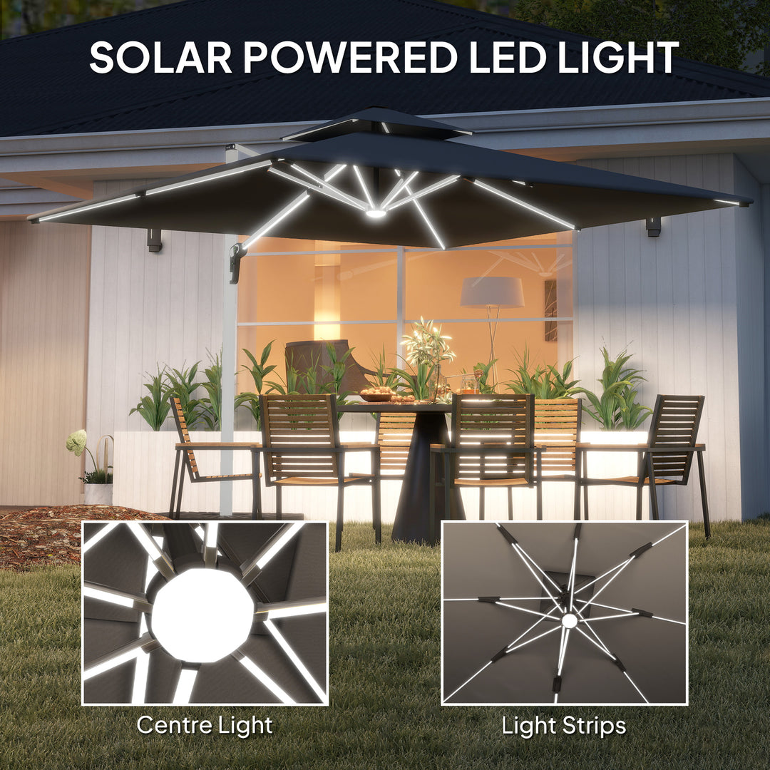 3(m) Garden Cantilever Parasol with Solar LED Lights, Cross Base, 360° Rotation, Crank Handle and Tilt, Grey