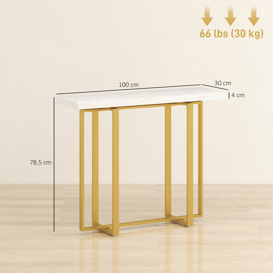 Console Table with Faux Marble Top, 100 cm Narrow Entryway Table with Anti-tipping Device, Steel Frame