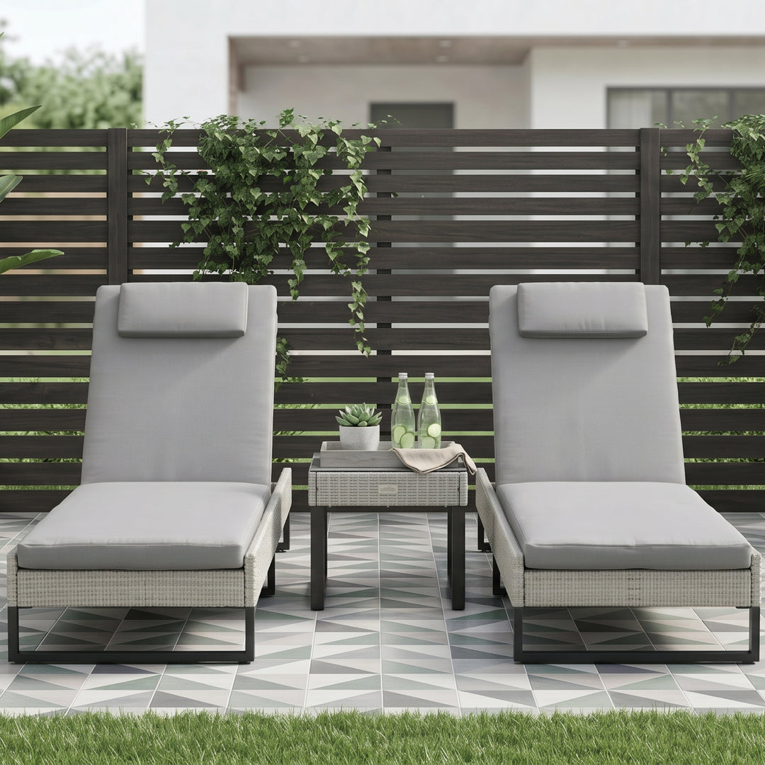 3-piece PE Rattan Sun Lounger Set with Adjustable 5-Position Recliner,