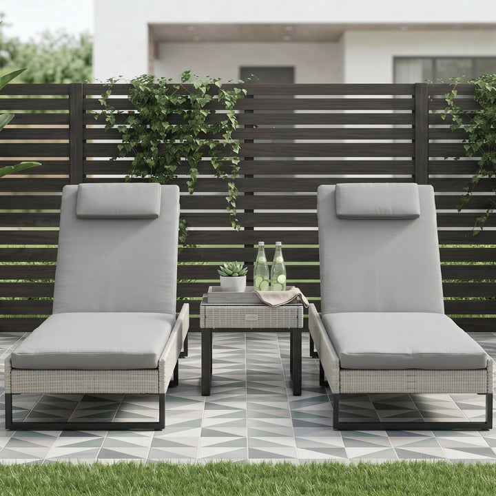 3-piece PE Rattan Sun Lounger Set with Adjustable 5-Position Recliner,