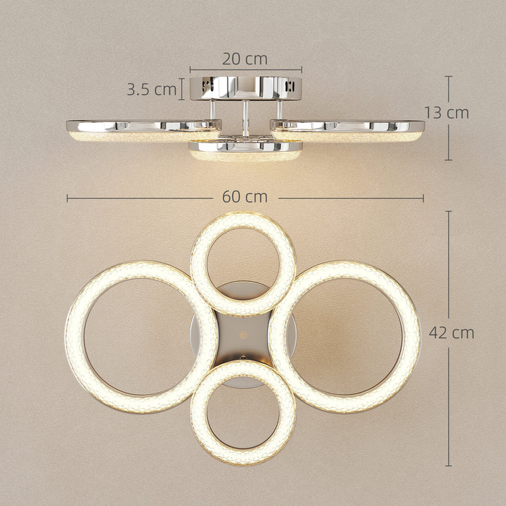 HOMCOM LED Ceiling Light, Modern 4 Rings Ceiling Lamp with Wall Switch Control, 40W 4350lm Flush Mount Ceiling Light with 3500K/4500K/6000K Colour Temperatures for Living Room, Bedroom, Silver Tone