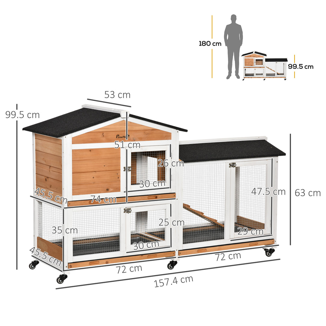 PawHut Two-Tier Wooden Rabbit Hutch Mobile Guinea Pig Cage Bunny Run w/ Wheels, Run, Slide-Out Tray, Ramp | Aosom UK