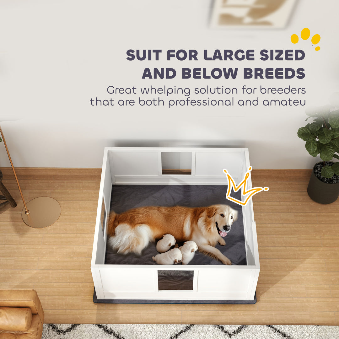 Whelping Box for Dogs with Whelping Pad, Adjustable Entrance, Non-slip Foot Pads, for Large Dogs, 124 x 120cm