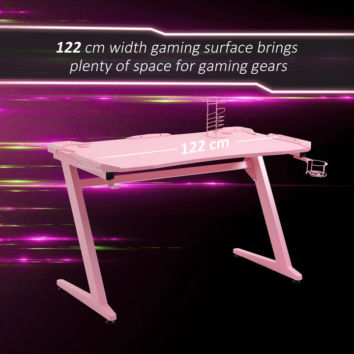 HOMCOM Gaming Desk, Ergonomic Home Office Desk, Gamer Workstation Racing Table, with Headphone Hook and Cup Holder, 122 x 66 x 86cm, Pink