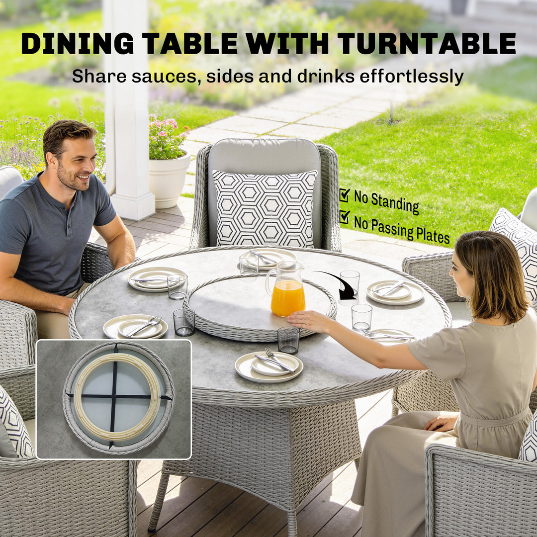 Rattan Garden Dining Set with Turntable, Marble Effect Glass Round Gar