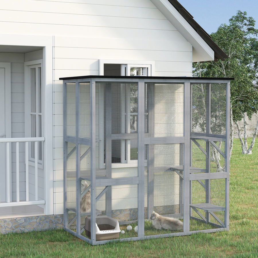 Wooden Catio Cat Outdoor Enclosure, Cat Cage with Waterproof Roof, Platforms, for Multiple Kittens, 180 x 98 x 180 cm