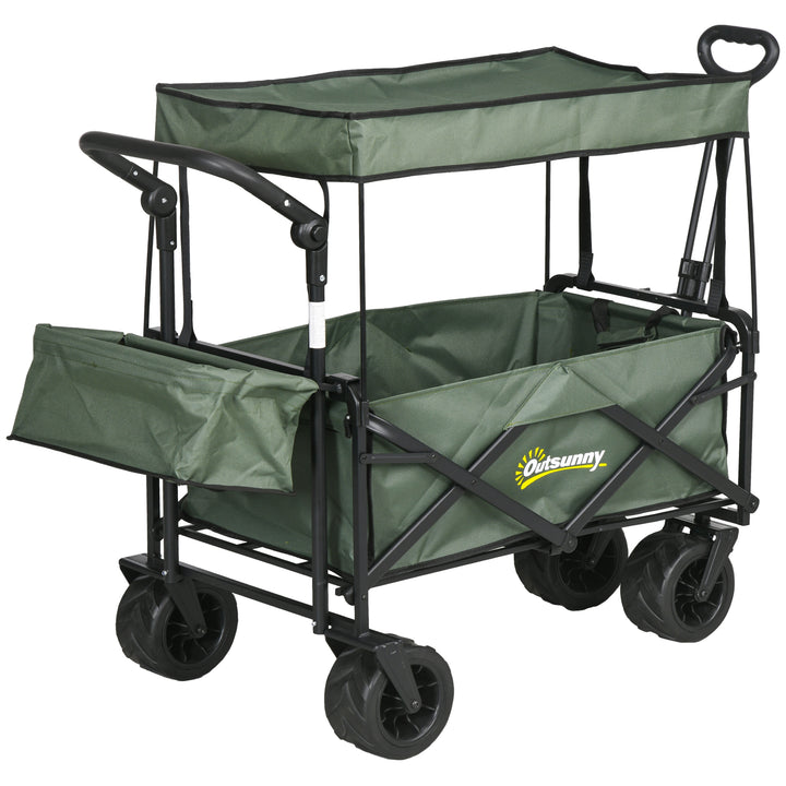 Outsunny Folding Trolley Cart Storage Wagon Beach Trailer 4 Wheels with Handle Overhead Canopy Cart Push Pull for Camping, Green | Aosom UK