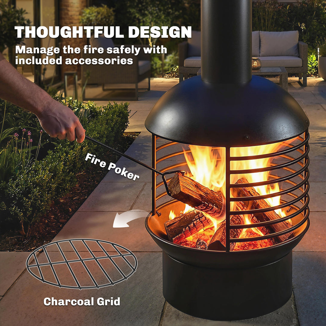 Chimney Fire Pit, Portable Wood Burning Firepit with Poker, Charcoal G
