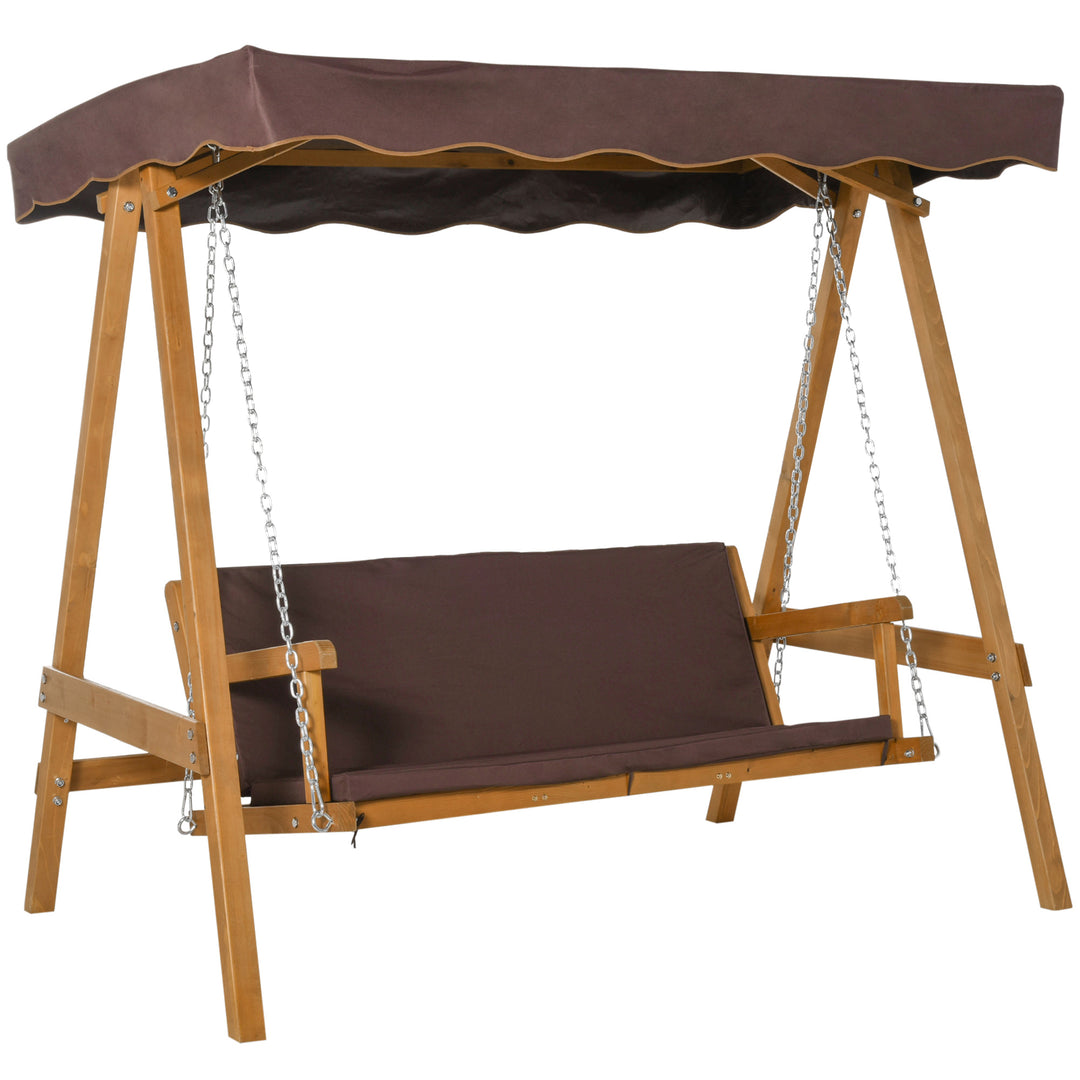 3 Seater Garden Swing Seat Outdoor Swing Chair with Adjustable Canopy, Wooden Hammock Bench with Padded Cushions for Patio Yard, Brown