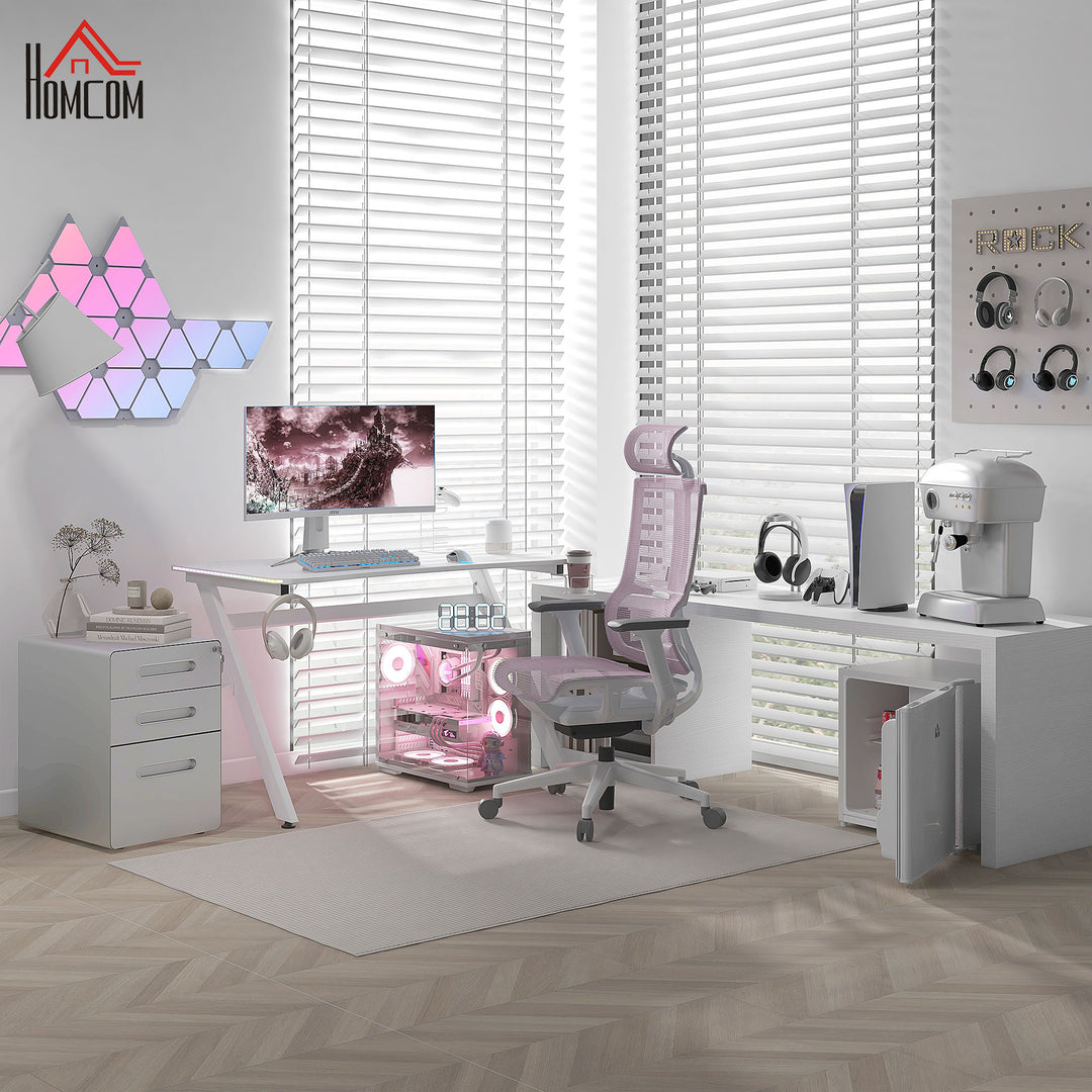 RGB 120 x 66cm Gaming Desk, Computer Table with Carbon Fibre Surface, Headphone Hook, Cup Holder, Controller Rack, Home Office Desk, White