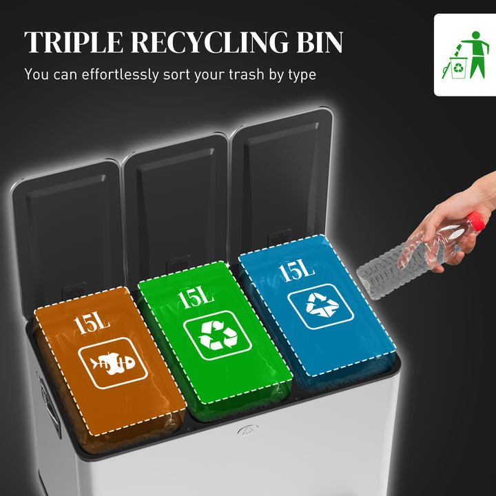 3 x 15L Pedal Bin, Steel Triple Kitchen Bin with Soft Close Lid, Removable Inner Buckets, Fingerprint-Proof, Silver Tone