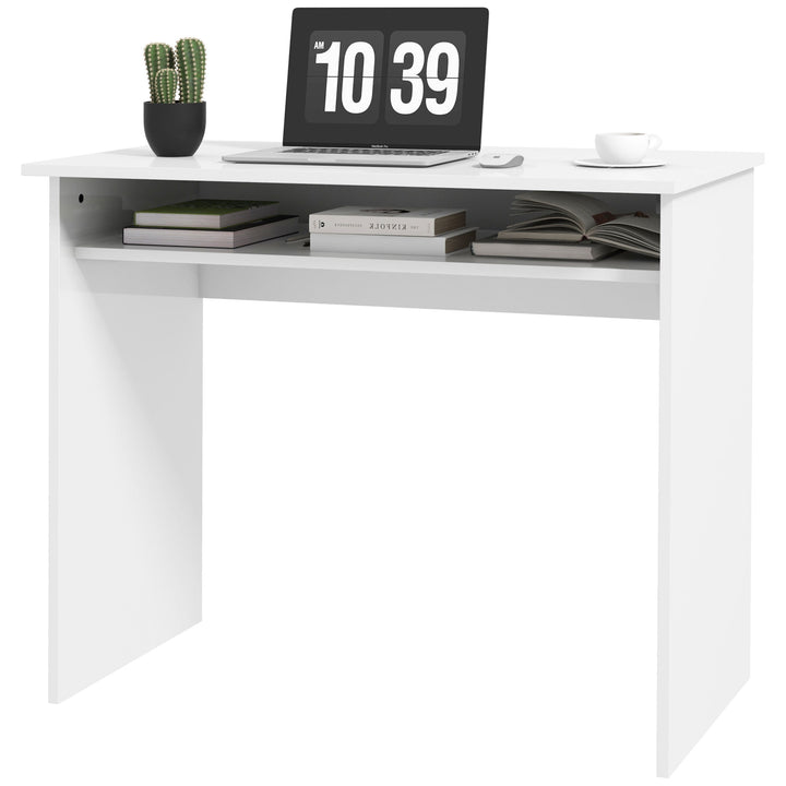 HOMCOM Writing Desk, Computer Table, Small Writing Desk with Storage Shelf, High Gloss, Modern Home Office Desk, White | Aosom UK