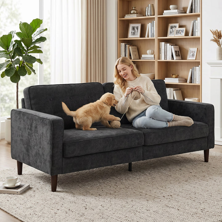 3 Seater Sofa Button Tufted Upholstered Couch with Wood Legs for Livin