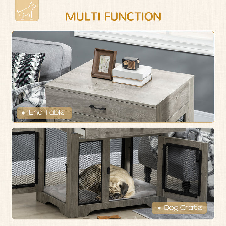 Dog Cage End Table with Two Doors, Drawer, for Medium Dogs - Grey