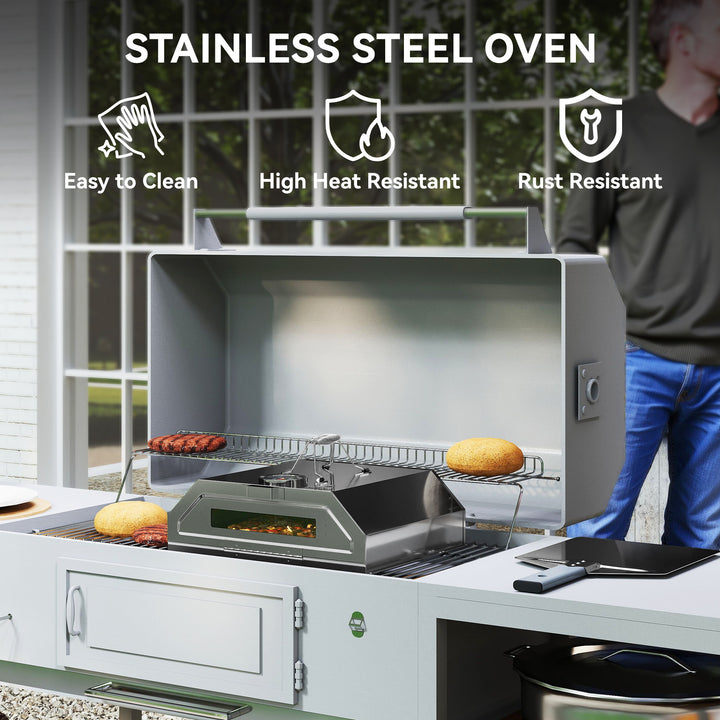 8 in Portable Stainless Steel BBQ Grill Top Pizza Oven with Built-in Thermometer and Viewing Window for Gas and Charcoal BBQ Grills, Includes Carry Handles, Pizza Stone and Peel, Silver Tone
