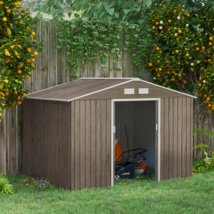 9 x 6ft Steel Garden Shed, Outdoor Storage Tool House with Vents, Foundation and Lockable Double Doors, Brown