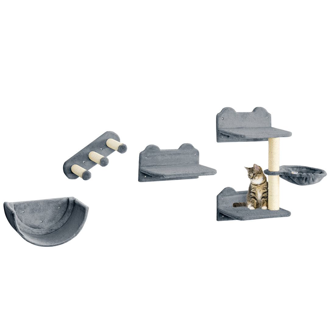 4PCs Wall-Mounted Cat Shelves w/ Scratching Post, Hammock, Nest - Grey