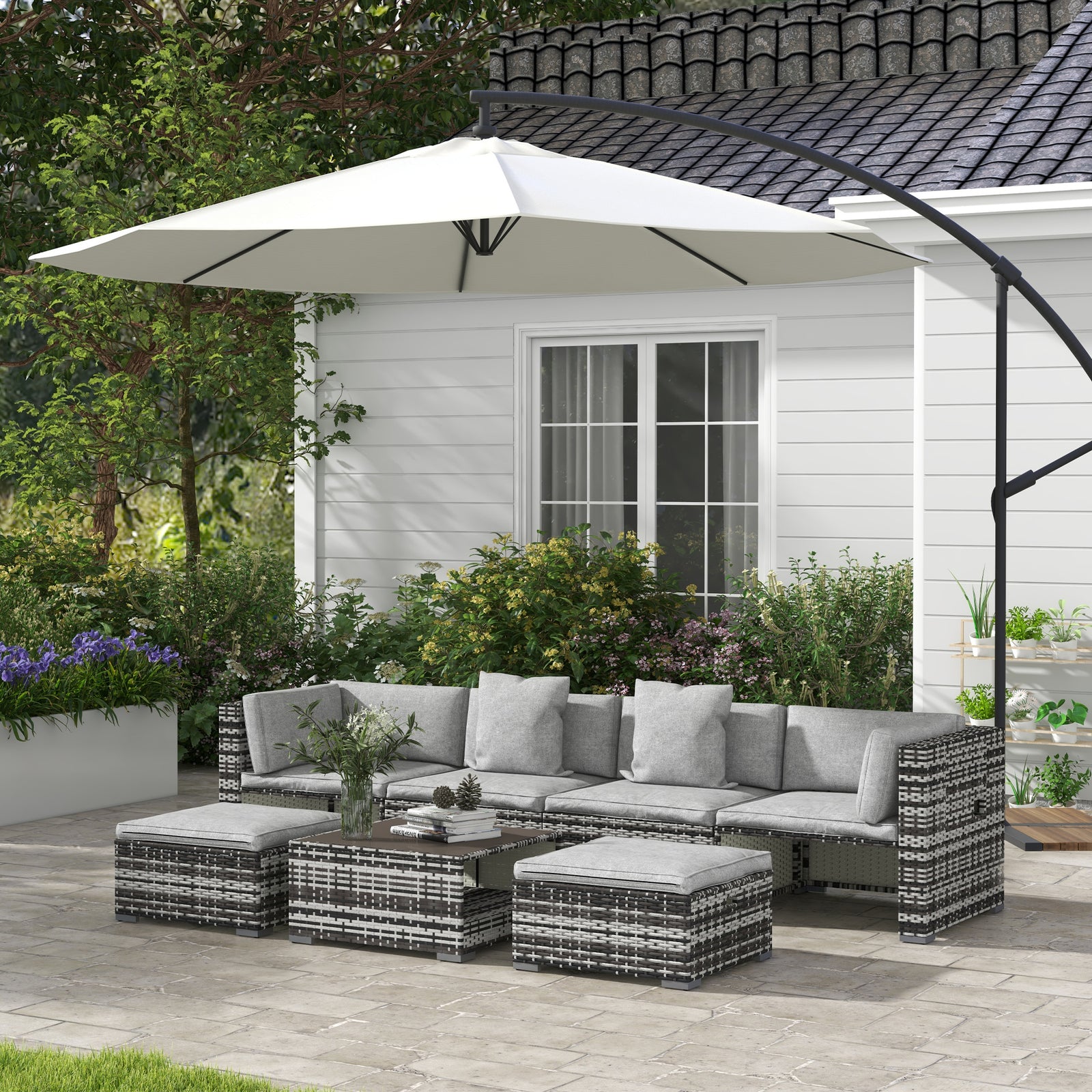 Seven-Piece Rattan Patio Furniture Set, with Cushions - Grey