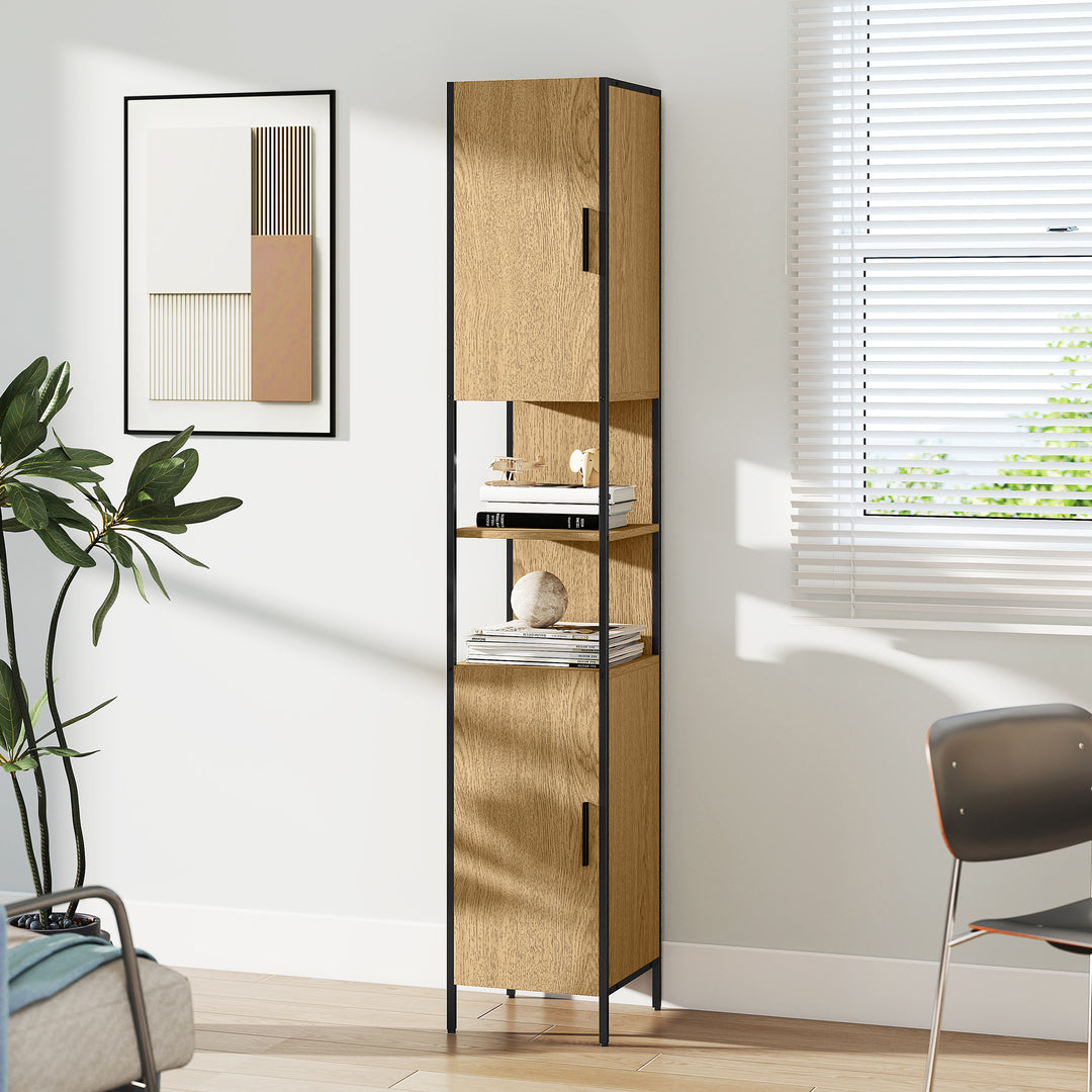 Tall Bathroom Cabinet with 2 Doors, Open Compartments and Adjustable Shelves - Natural Wood Finish