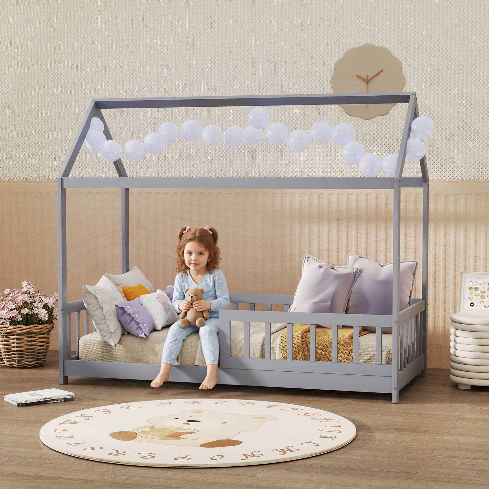 House-Shaped Kids Bed Frame with Guard Rails, Solid Pine Wood Single B
