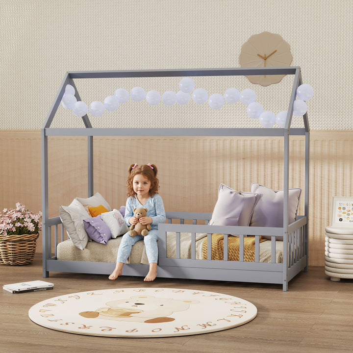 House-Shaped Kids Bed Frame with Guard Rails, Solid Pine Wood Single B