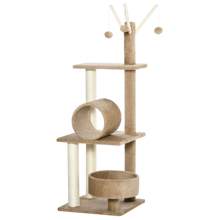 PawHut Cat Tree Tower, 121cm Kitten Activity Centre with Scratching Post, Bed Tunnel Perch, Interactive Ball, Brown | Aosom UK