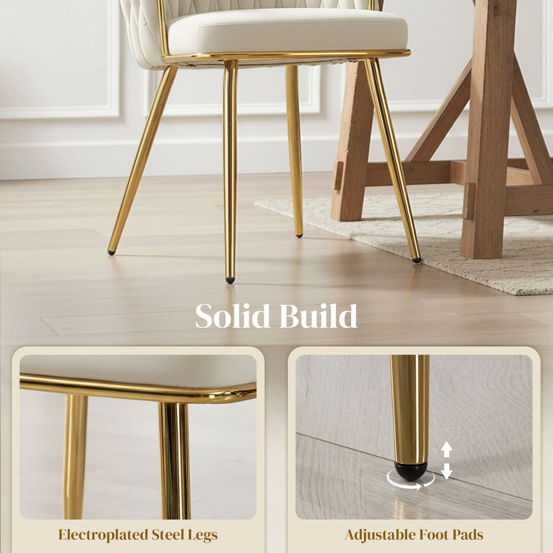 Velvet-Feel Dining Chairs Set of 2, Modern Upholstered Kitchen Chairs with Woven Backrest and Armrests, Metal Legs and Padded Seat for Dining Room, Bedroom, Living Room
