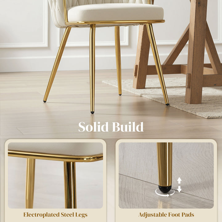 Velvet-Feel Dining Chairs Set of 2, Modern Upholstered Kitchen Chairs with Woven Backrest and Armrests, Metal Legs and Padded Seat for Dining Room, Bedroom, Living Room