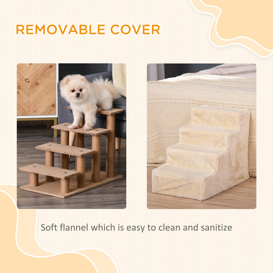 Four-Step Dog Stairs, with Washable Plush Cover, for High Bed Sofa, Dog Stairs for Small Dog and Cat - Beige