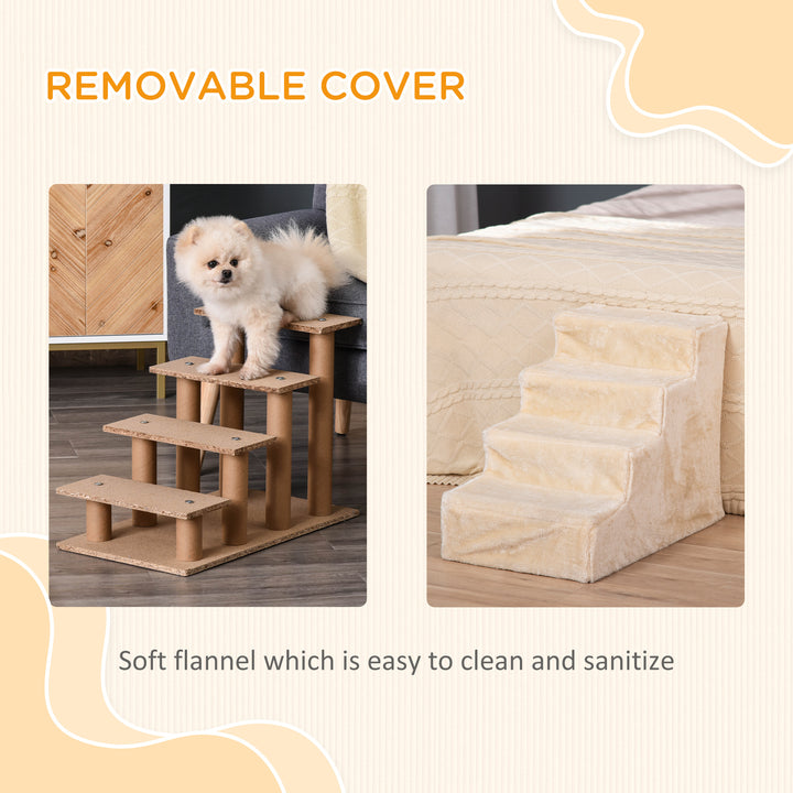 Four-Step Dog Stairs, with Washable Plush Cover, for High Bed Sofa, Dog Stairs for Small Dog and Cat - Beige