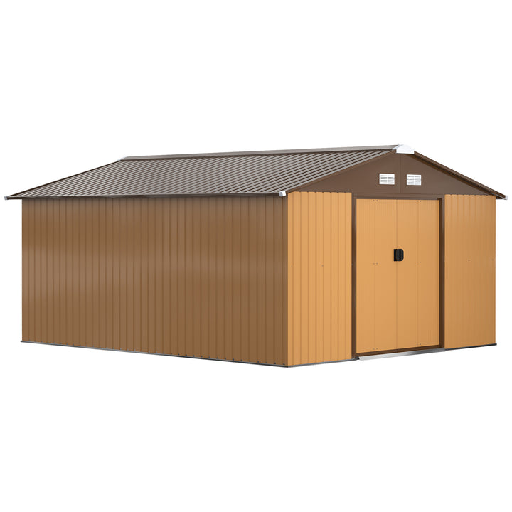 MCL 13 x 11ft Metal Garden Shed, Outdoor Storage Tool House with Ventilation Slots, Foundation Kit and Lockable Double Doors, Light Brown