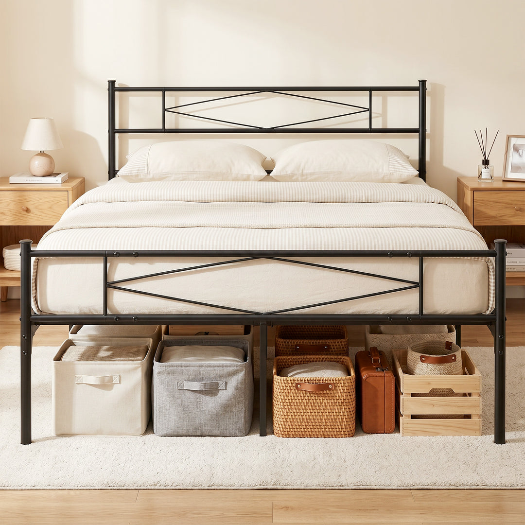 4ft6 Double Bed Frame with Headboard and Footboard, Metal Platform Bed